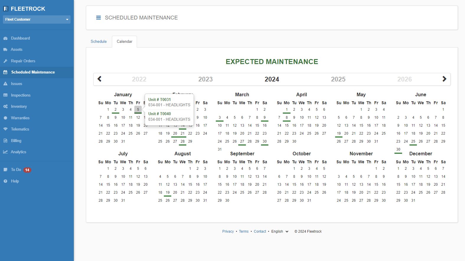 Vehicle Scheduled Maintenance Software Screenshot